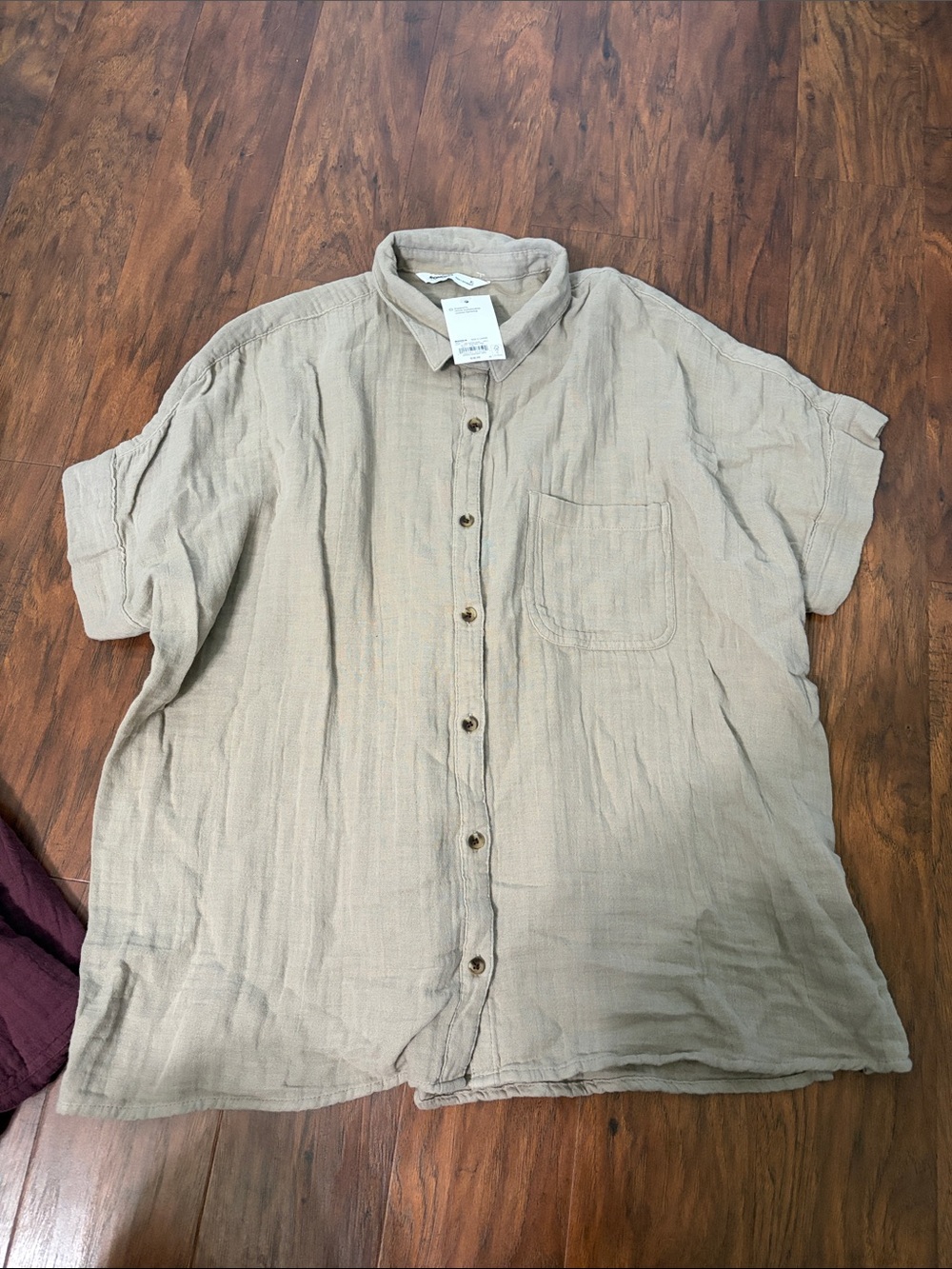 Button-Front Gauze Shirt - Burgundy and Beige - Picture 2 of 2